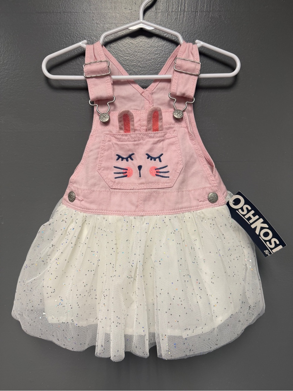 NWT OshKosh B’gosh Baby Girl Bunny Tutu Overall Dress Pink 12M